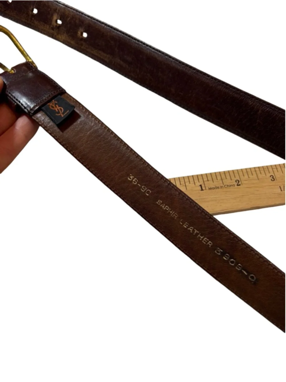 Yves Saint Laurent YSL Leather Belt Brown Brass Buckle Size 36 Classic Designer
